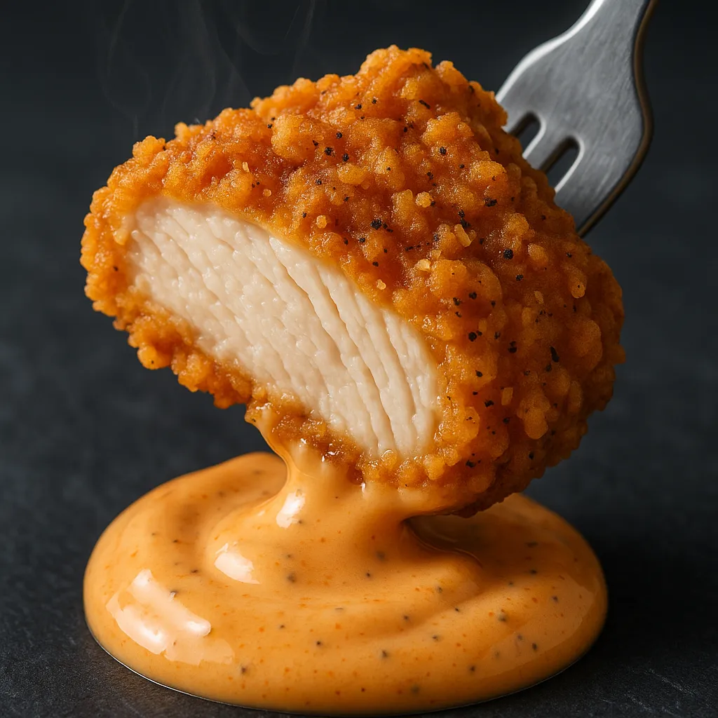 Close-up of crispy Popeyes Chicken Dipper dipped in Signature Sauce.