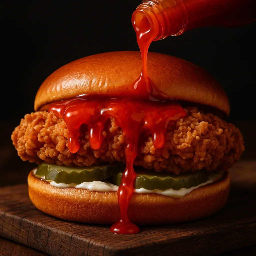 Popeyes Spicy Chicken Sandwich with Sweet Heat sauce drizzle