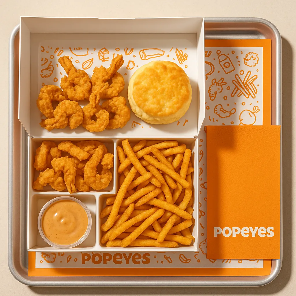 Popeyes Shrimp Tackle Box with butterfly shrimp, biscuit, Cajun fries, and dipping sauce served in branded packaging – 2025 edition.
