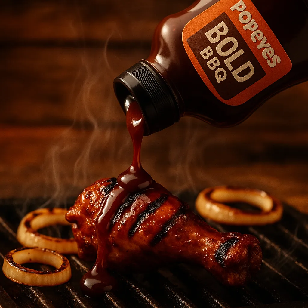 Popeyes Bold BBQ glazed chicken wing with dripping sauce