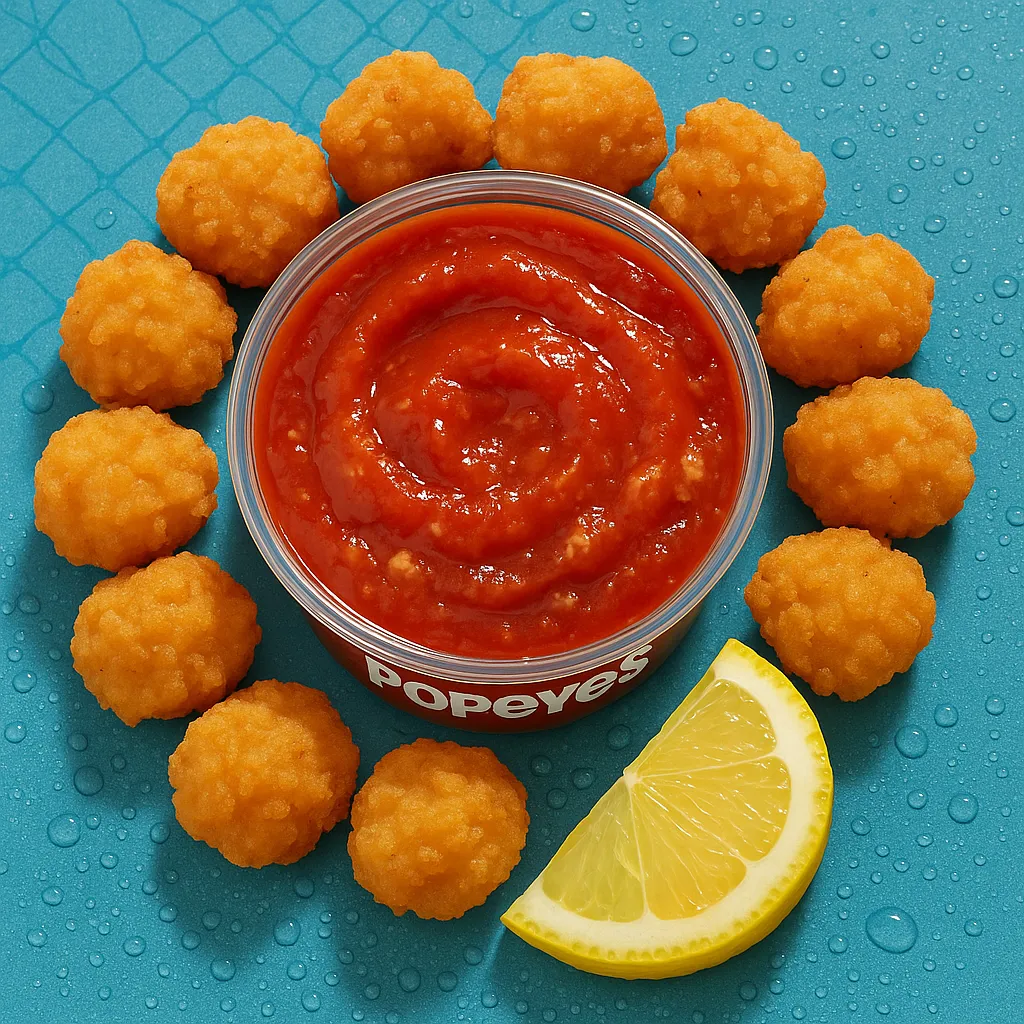 Popeyes Cocktail Sauce with popcorn shrimp and lemon garnish