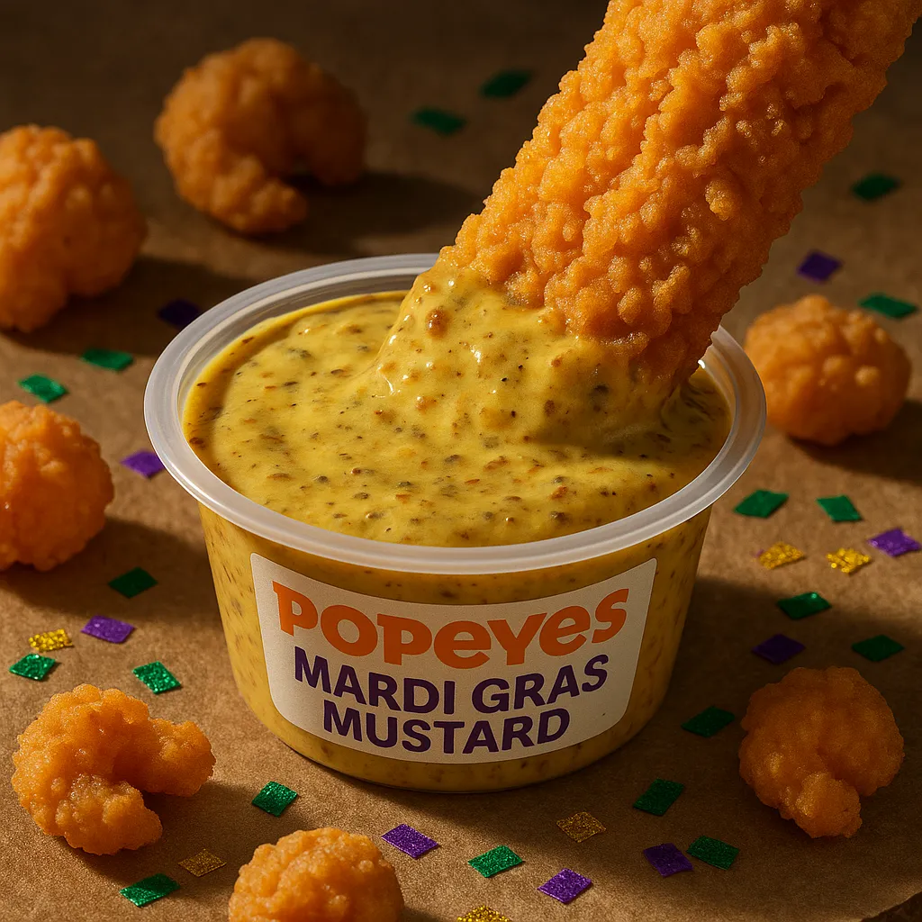 Popeyes Mardi Gras Mustard with chicken strip and popcorn shrimp