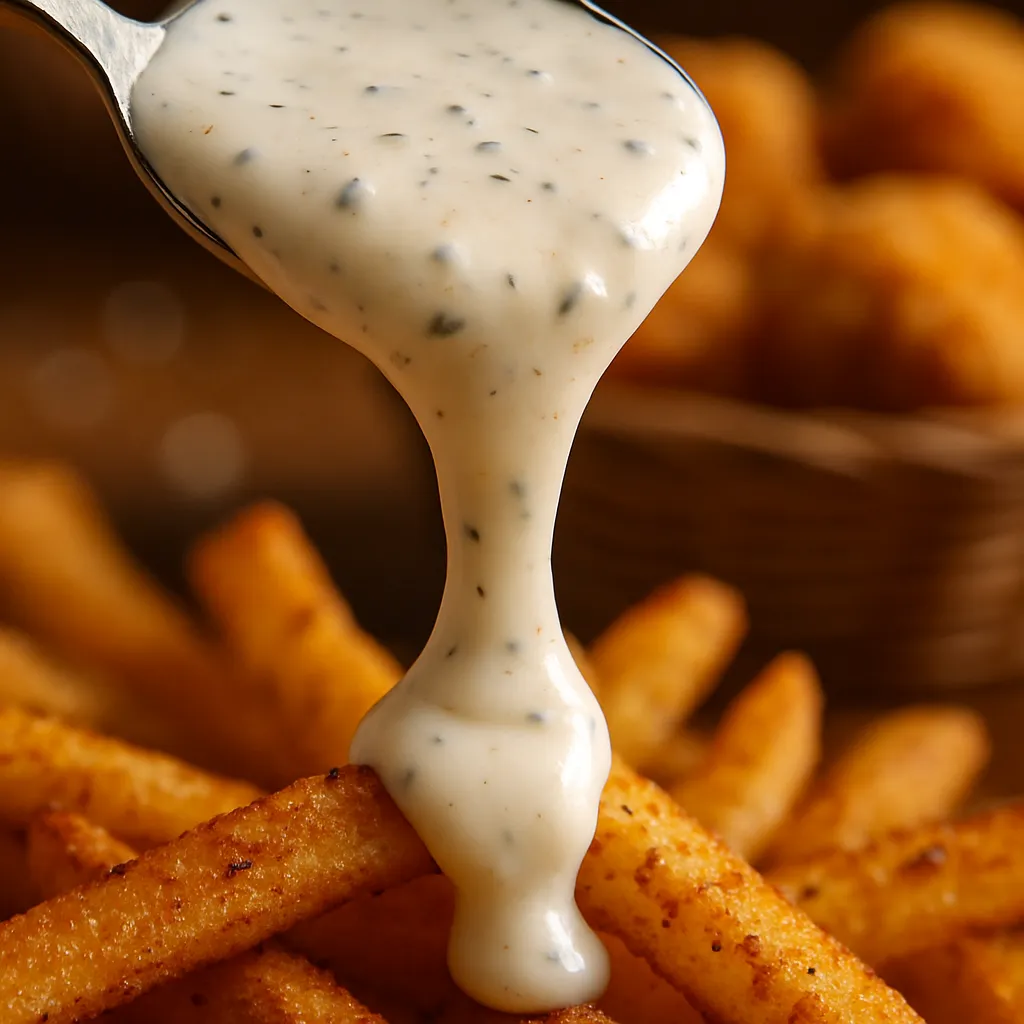 Buttermilk Ranch sauce drizzled on Popeyes fries and nuggets