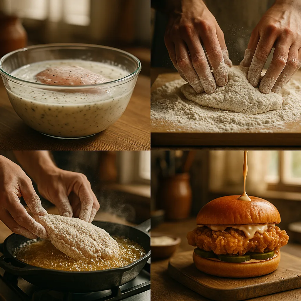 Homemade Popeyes-style chicken sandwich recipe steps.