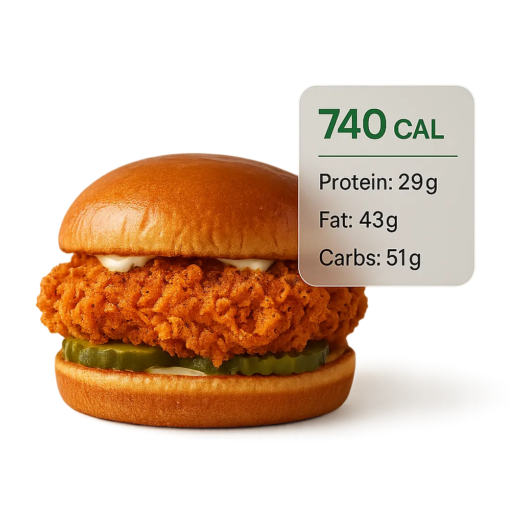 Nutrition facts for Popeyes Spicy Chicken Sandwich with calorie overlay.