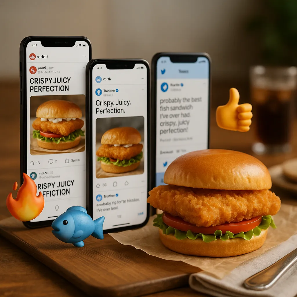Social media reviews of Popeyes fish sandwich.
