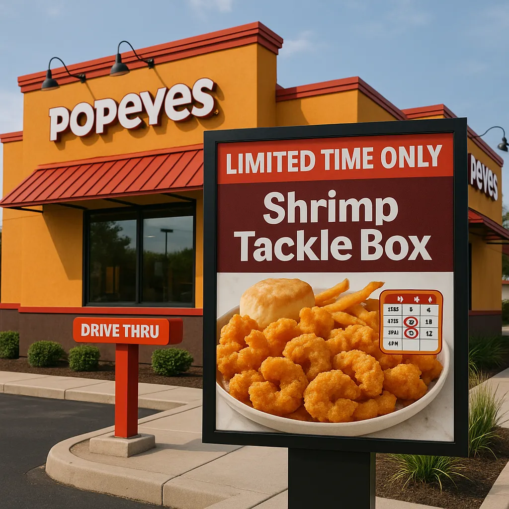 “Limited Time Only” promotion of Popeyes Shrimp Tackle Box on a restaurant drive-thru board with calendar dates highlighted.