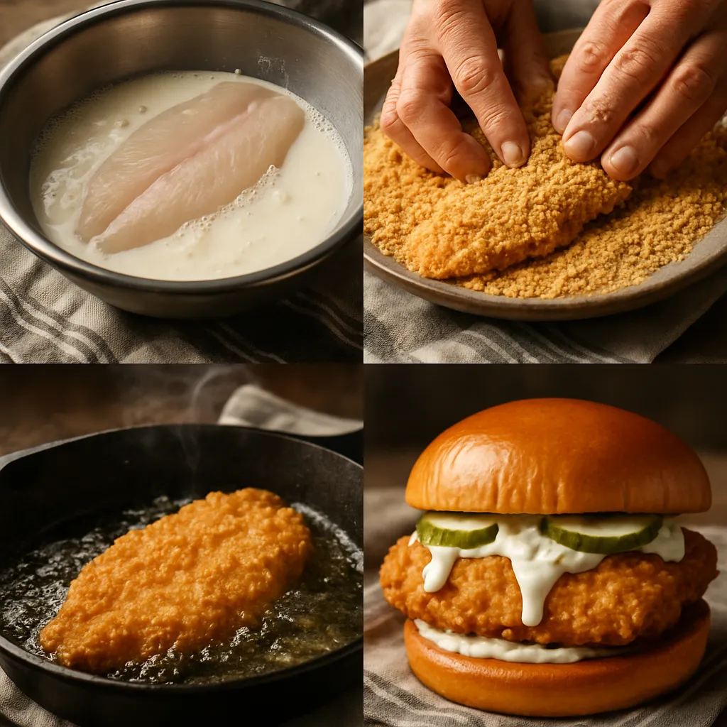 Homemade Popeyes-style fish sandwich recipe steps.