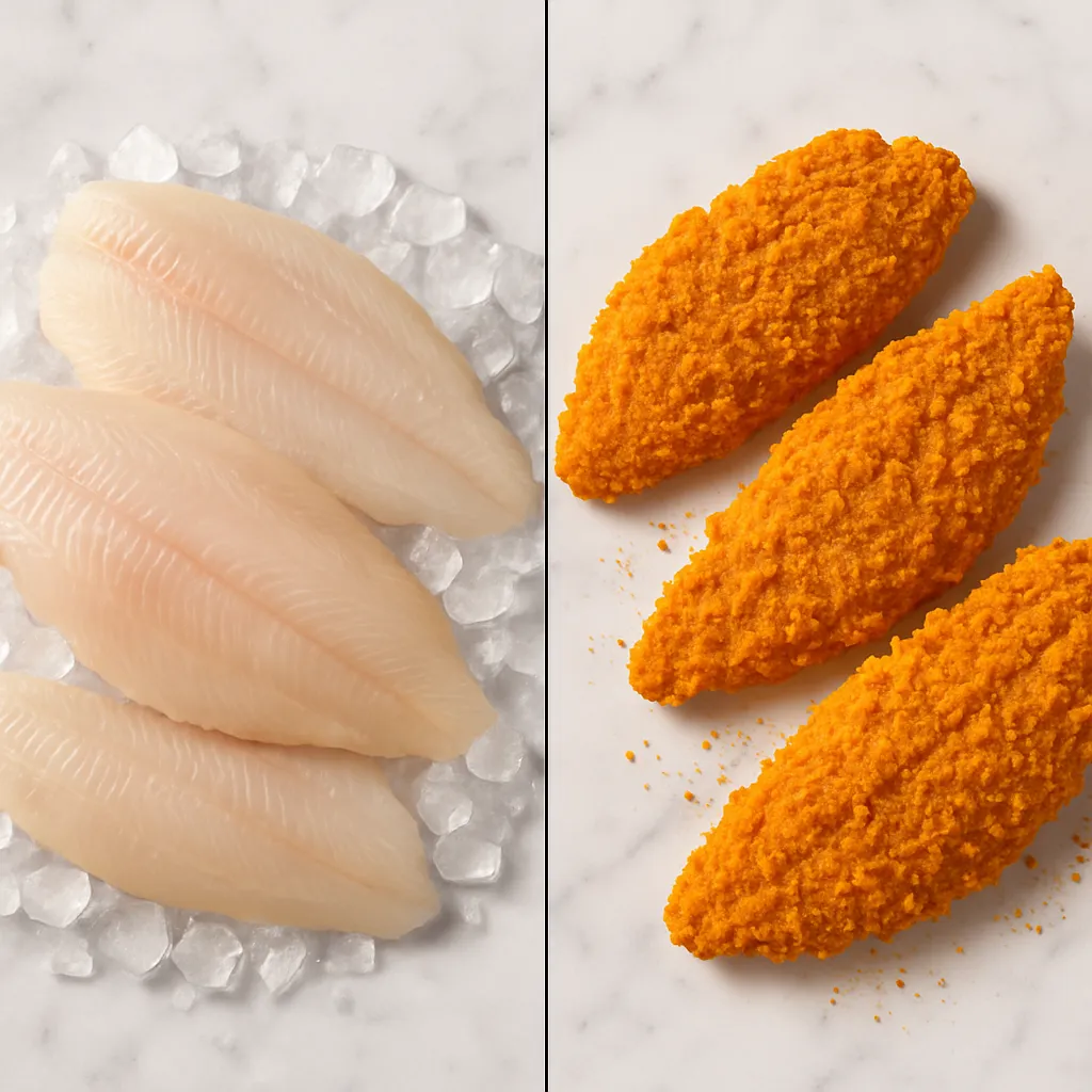 Wild flounder fillets before and after Popeyes breading process.