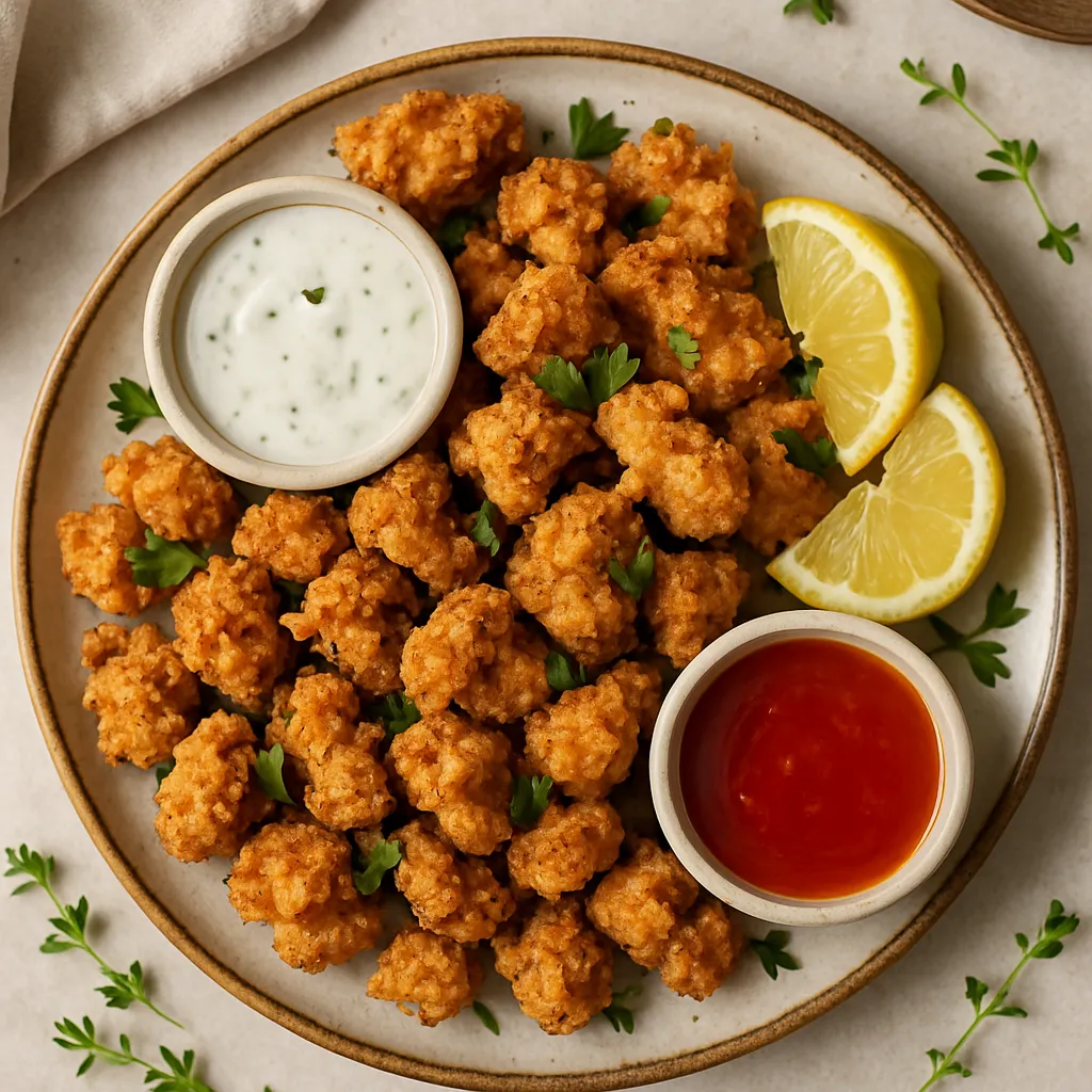 Homemade Popeyes-style popcorn chicken served with sauces – copycat recipe result