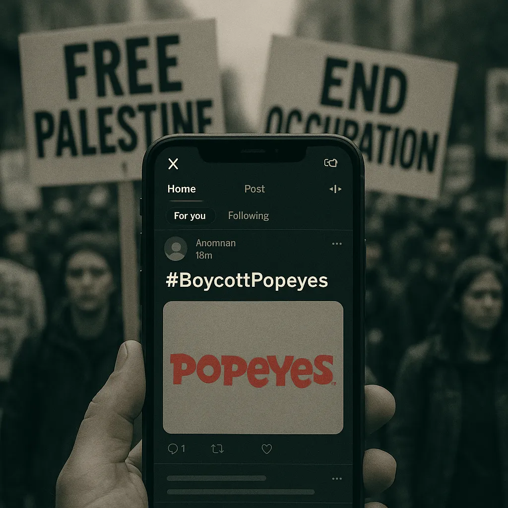 Does Popeyes Support Israel, Social media boycott hashtag alongside Palestine protest imagery