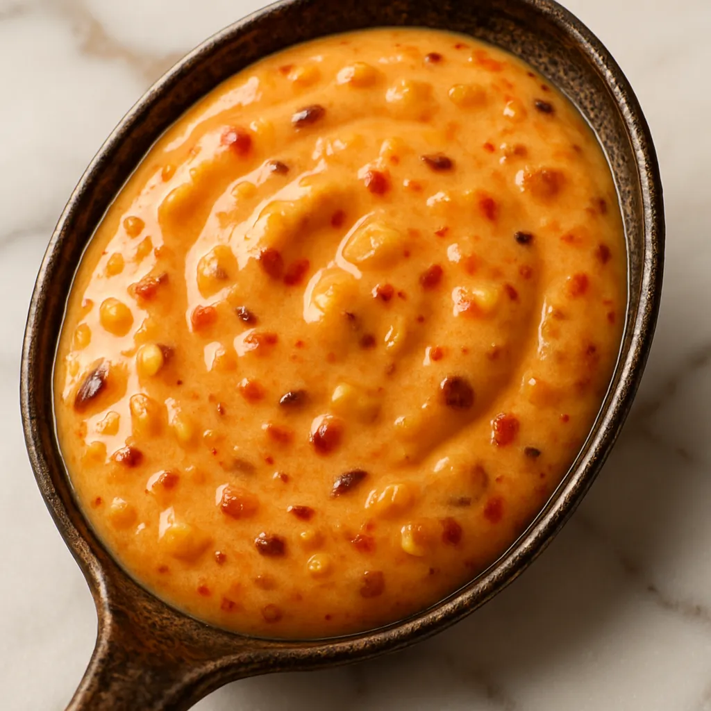 Close-up texture of Popeyes Signature Sauce with visible vegetable specks