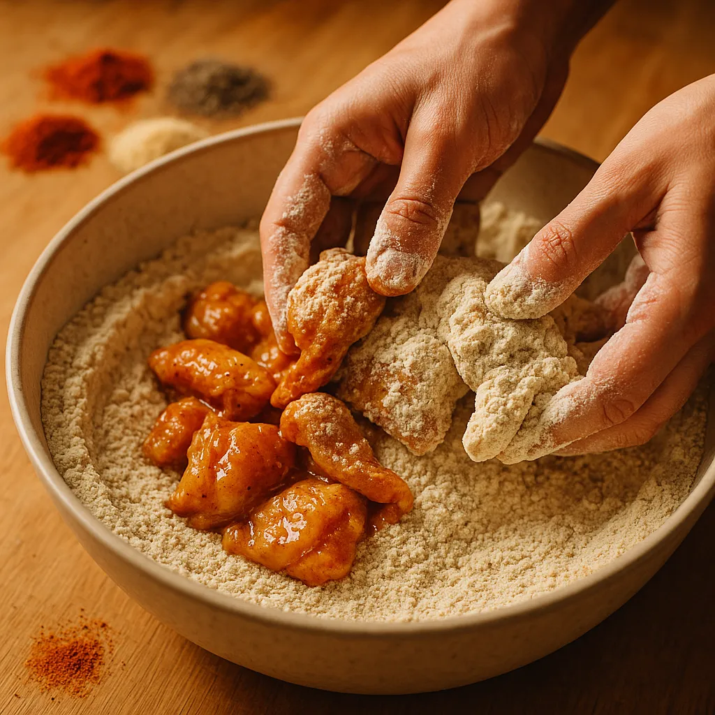 Coating popcorn chicken in seasoned flour before frying – step-by-step recipe shot