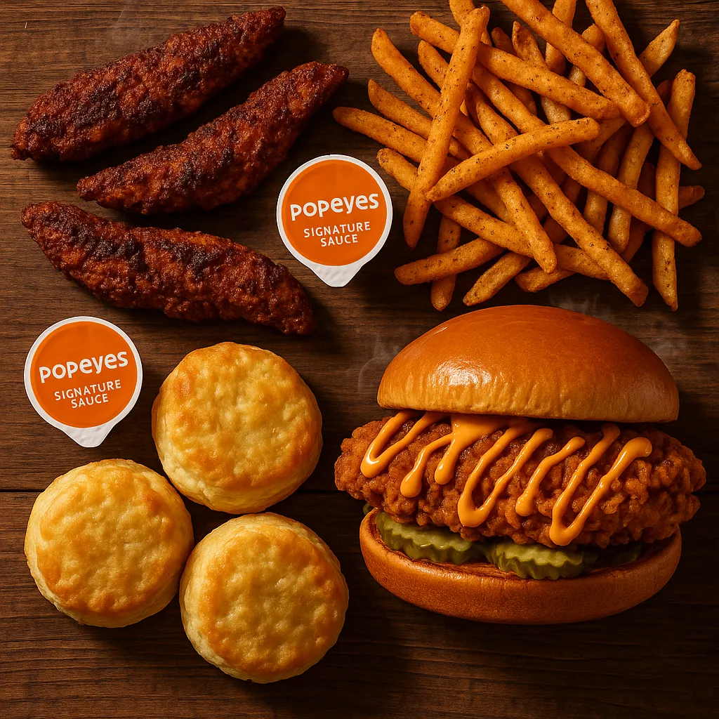 Popeyes Blackened Tenders, fries, sandwich and biscuits with Signature Sauce