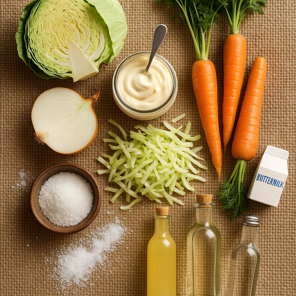 Fresh ingredients for Popeyes coleslaw: cabbage, carrots, buttermilk, mayo