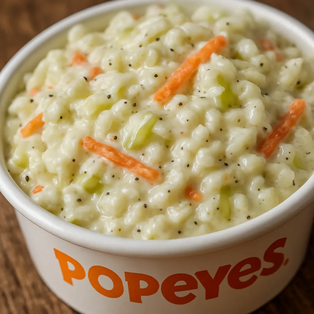 Close-up texture of Popeyes coleslaw showing finely shredded vegetables