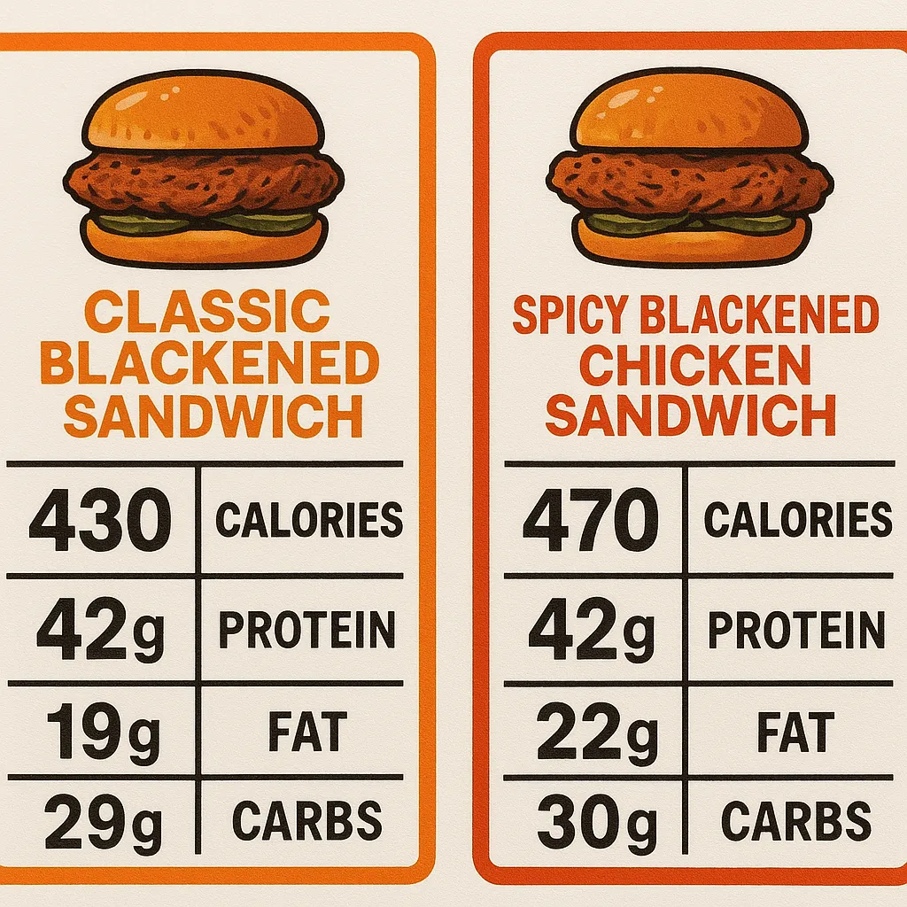 Nutrition facts for Popeyes Blackened Chicken Sandwich: calories, protein, and carbs.