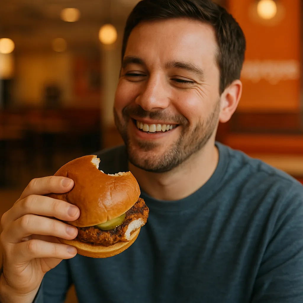 Person enjoying a Popeyes Blackened Chicken Sandwich in a restaurant.