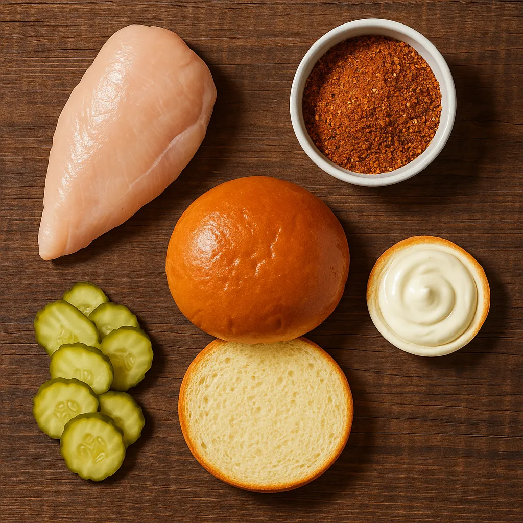 Ingredients for Popeyes Blackened Chicken Sandwich including chicken, seasoning, and brioche bun.
