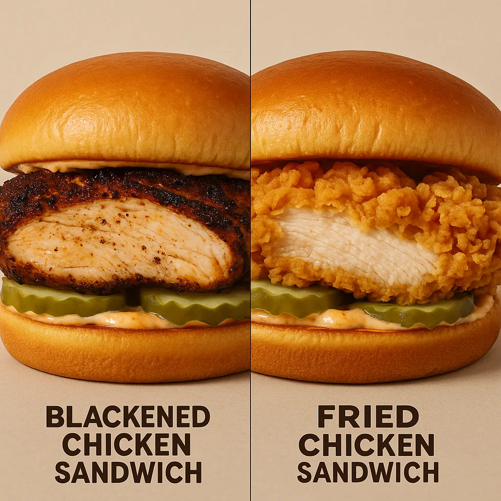Side-by-side comparison of blackened vs. fried Popeyes chicken sandwiches.