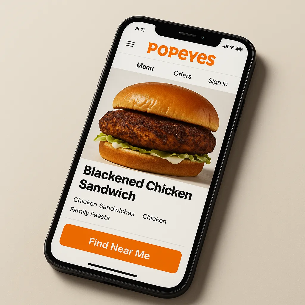 Popeyes mobile app showing the Blackened Chicken Sandwich in the menu.