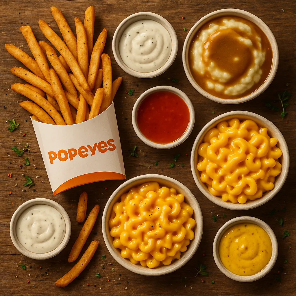 Flat lay of Popeyes sides and sauces paired with popcorn chicken