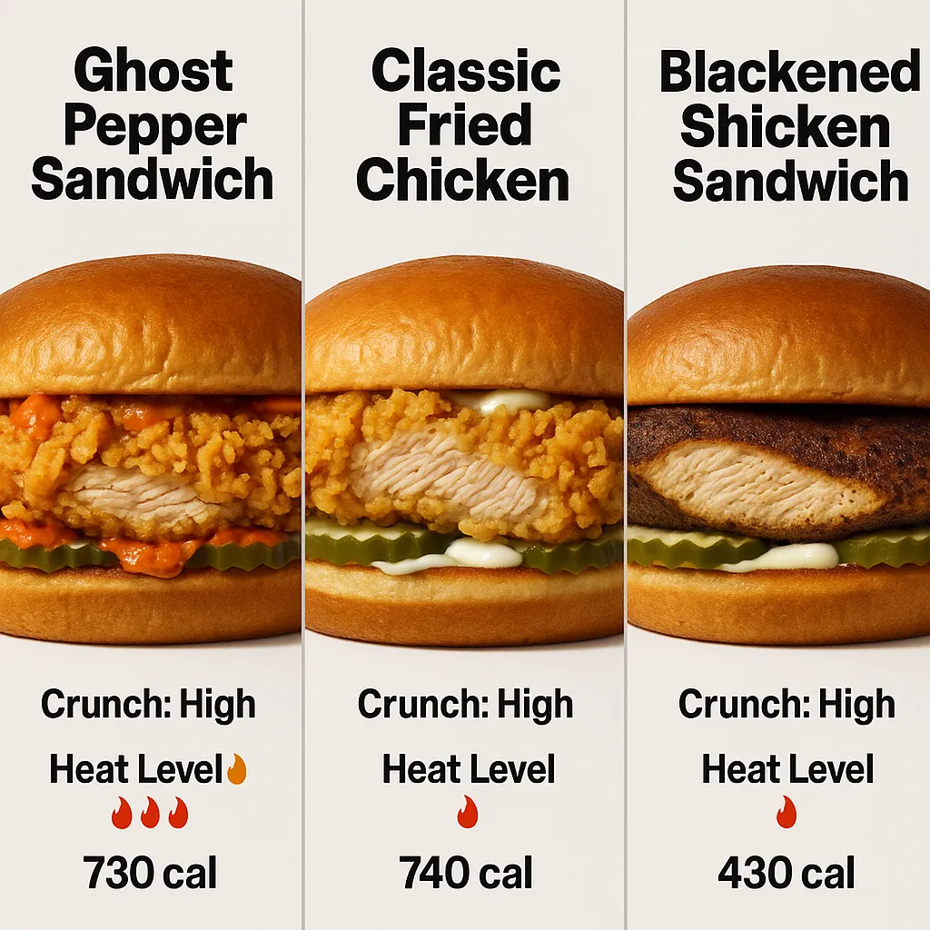 Popeyes Ghost Pepper, Classic, and Blackened Chicken Sandwiches compared.