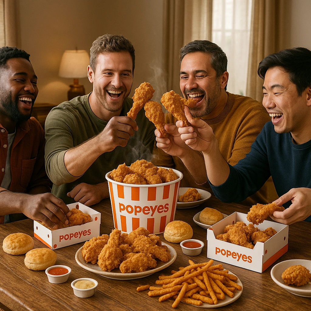 People enjoying Popeyes fried chicken