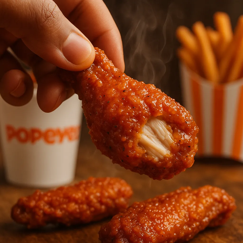 Close-up of someone grabbing a spicy Popeyes wing.