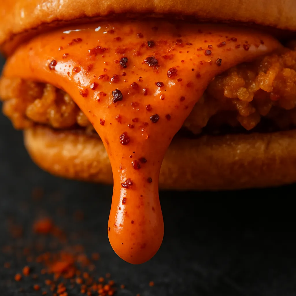 Spicy mayo sauce drizzle on Popeyes chicken sandwich.