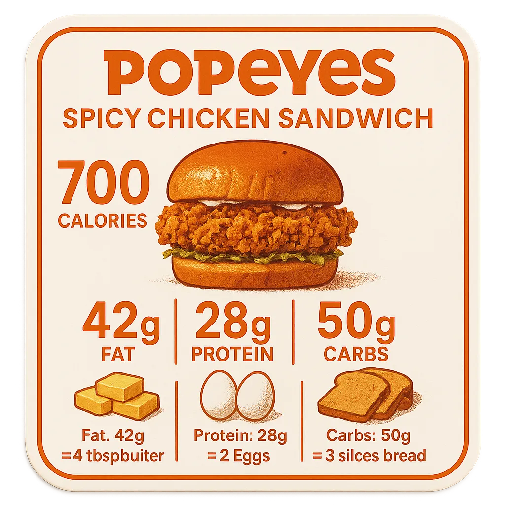 Nutrition facts infographic for Popeyes Spicy Chicken Sandwich.