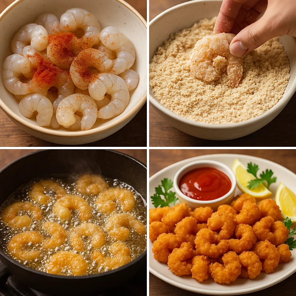 Step-by-step visuals of homemade Popeyes-style popcorn shrimp recipe being prepared