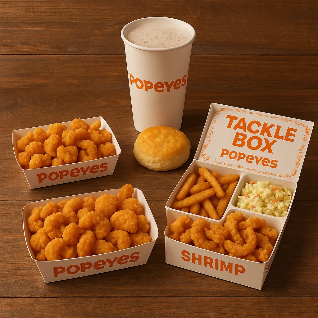 Three types of Popeyes shrimp meals including combo, standalone box, and seasonal tackle box