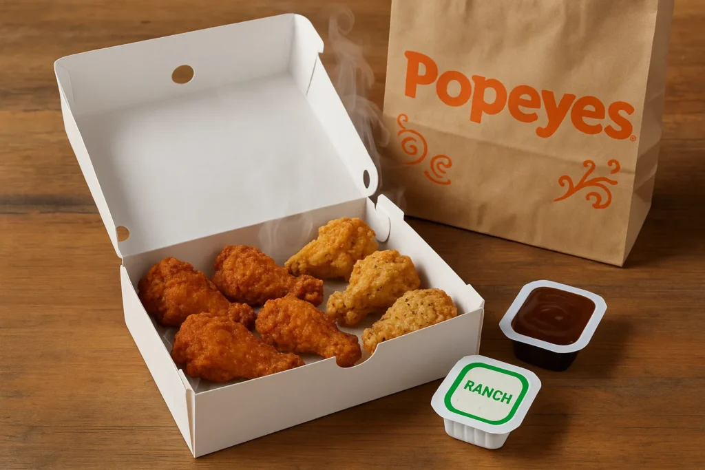 Popeyes takeout box with wings and sauces.