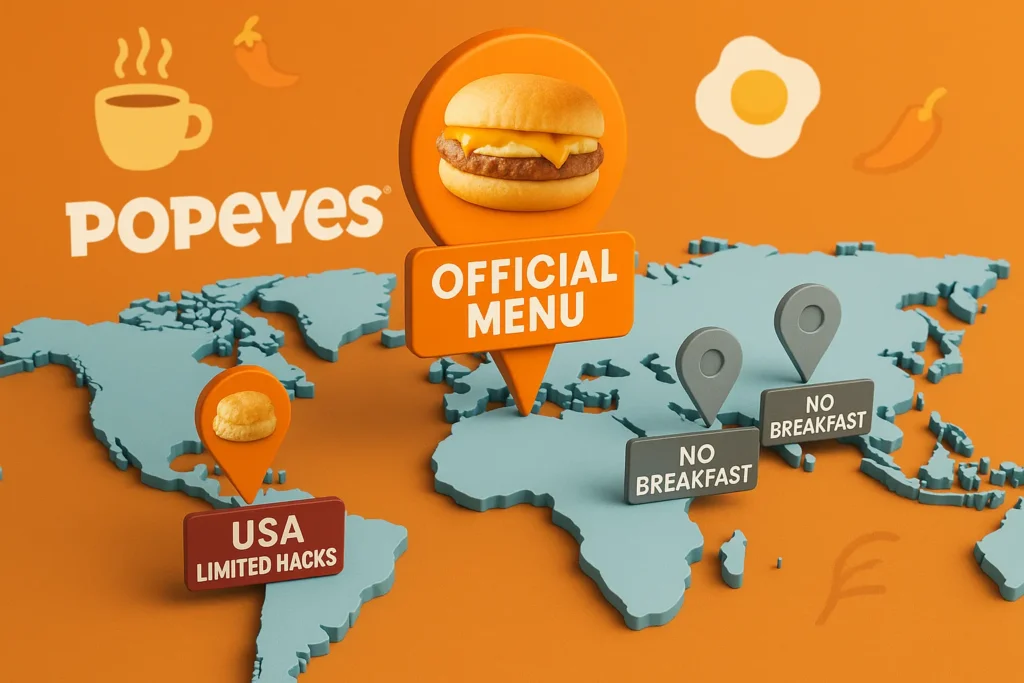 World map showing Popeyes breakfast availability: UK official menu vs US limited hacks vs unavailable countries