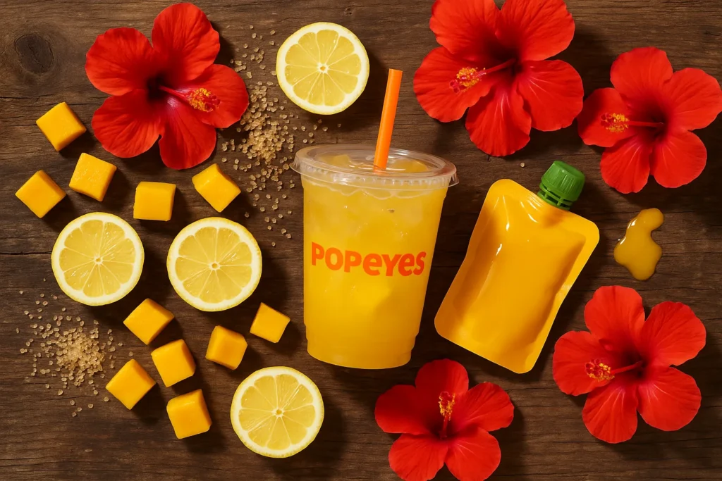Real mango, lemon, and cane sugar ingredients for Popeyes Mango Lemonade.