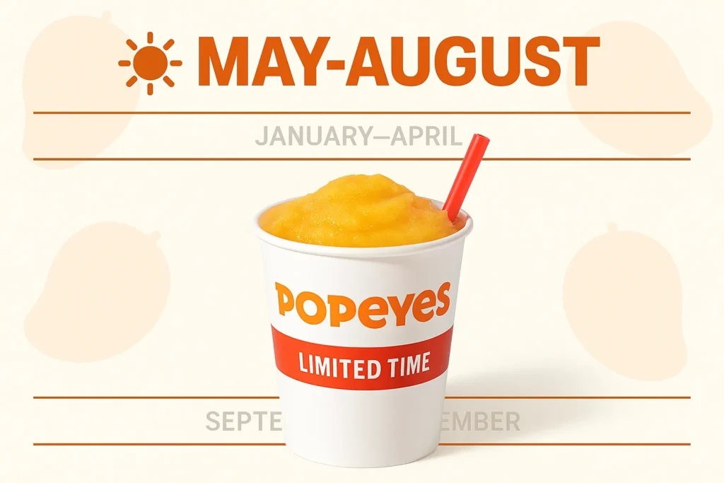Popeyes Mango Lemonade summer seasonal availability calendar.