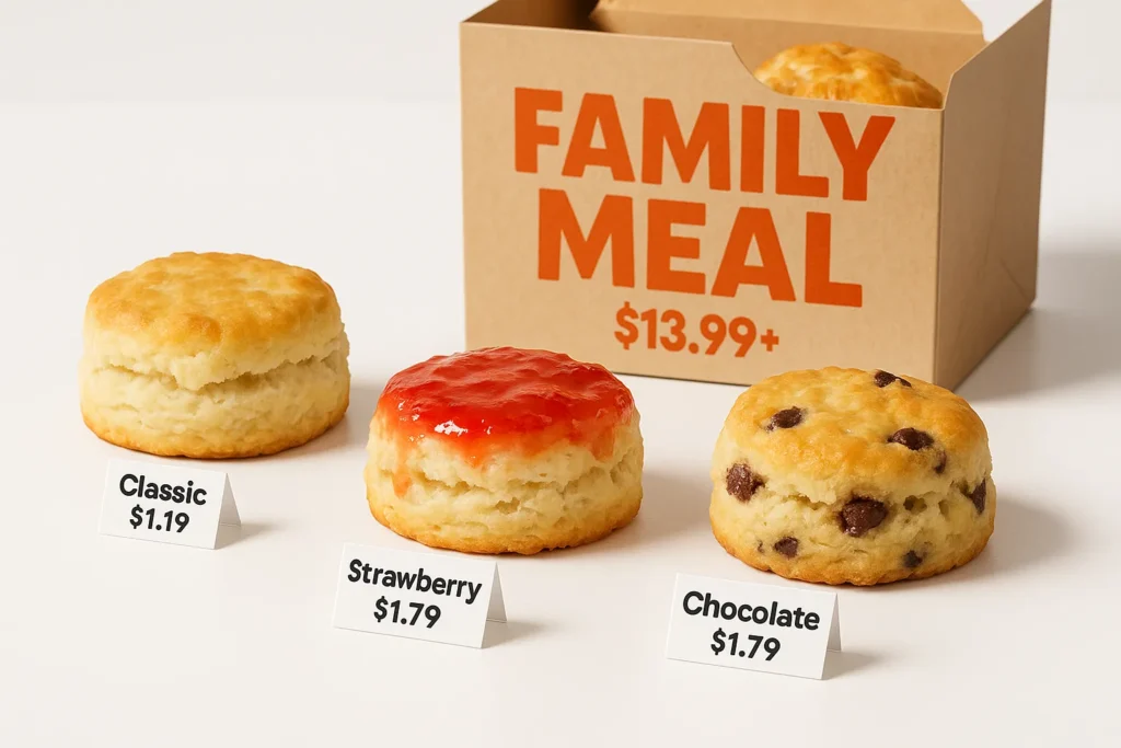 Popeyes biscuit price comparison: classic, strawberry, and chocolate chip with tags