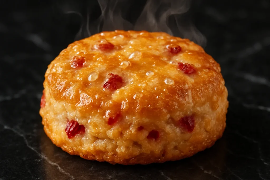 Close-up of Popeyes Strawberry Biscuit with glaze and strawberry bits