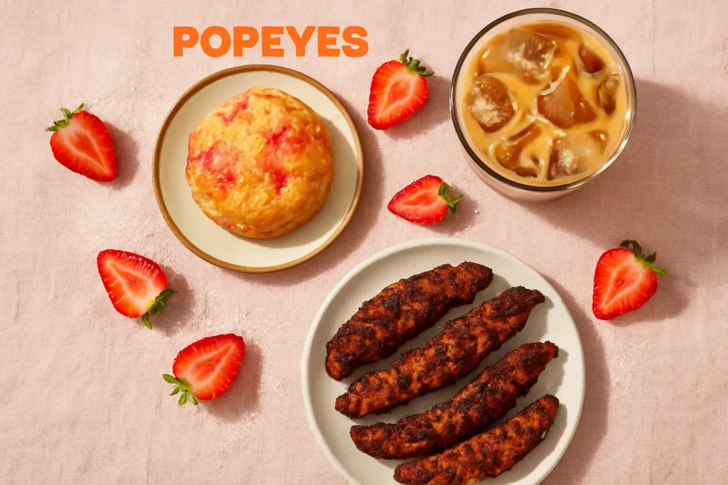 Popeyes strawberry biscuit paired with chicken and coffee