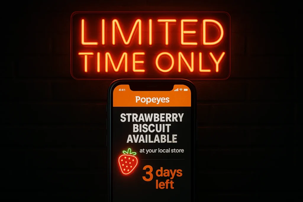 Popeyes app seasonal strawberry biscuit availability alert