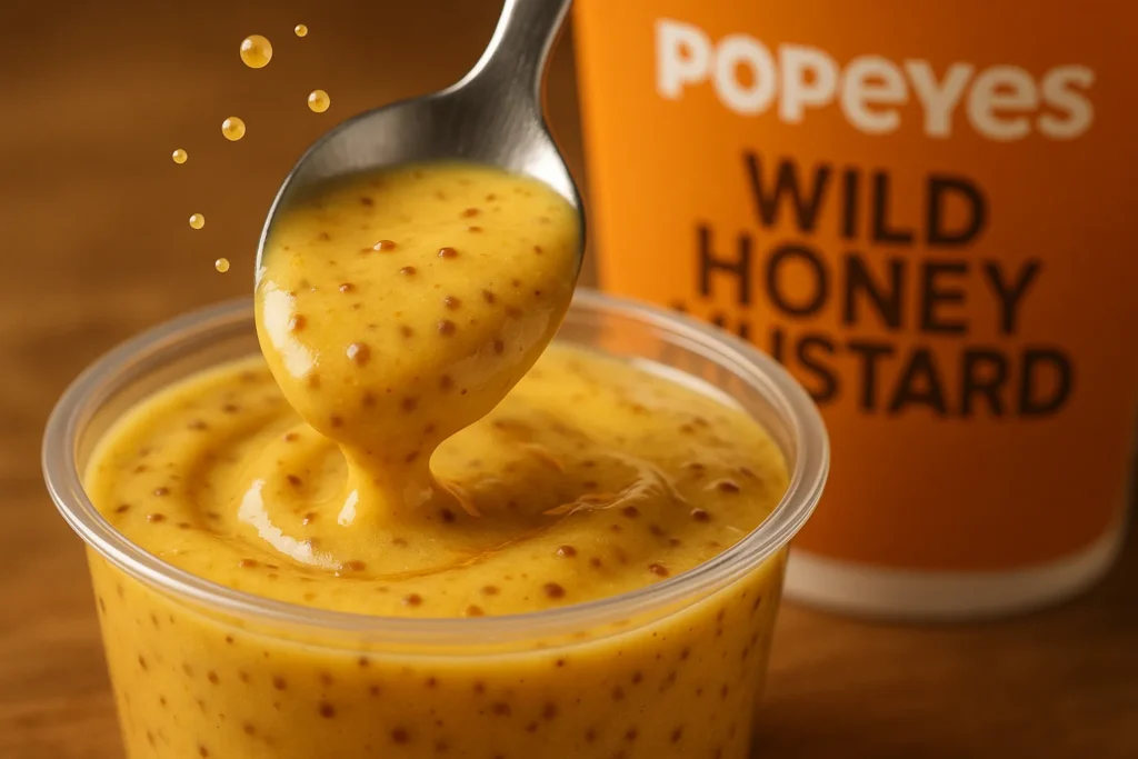 Close-up of Popeyes Wild Honey Mustard sauce texture with spoon.