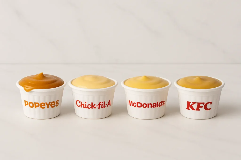 Comparison of Wild Honey Mustard sauces from Popeyes, Chick-fil-A, McDonald’s, and KFC.