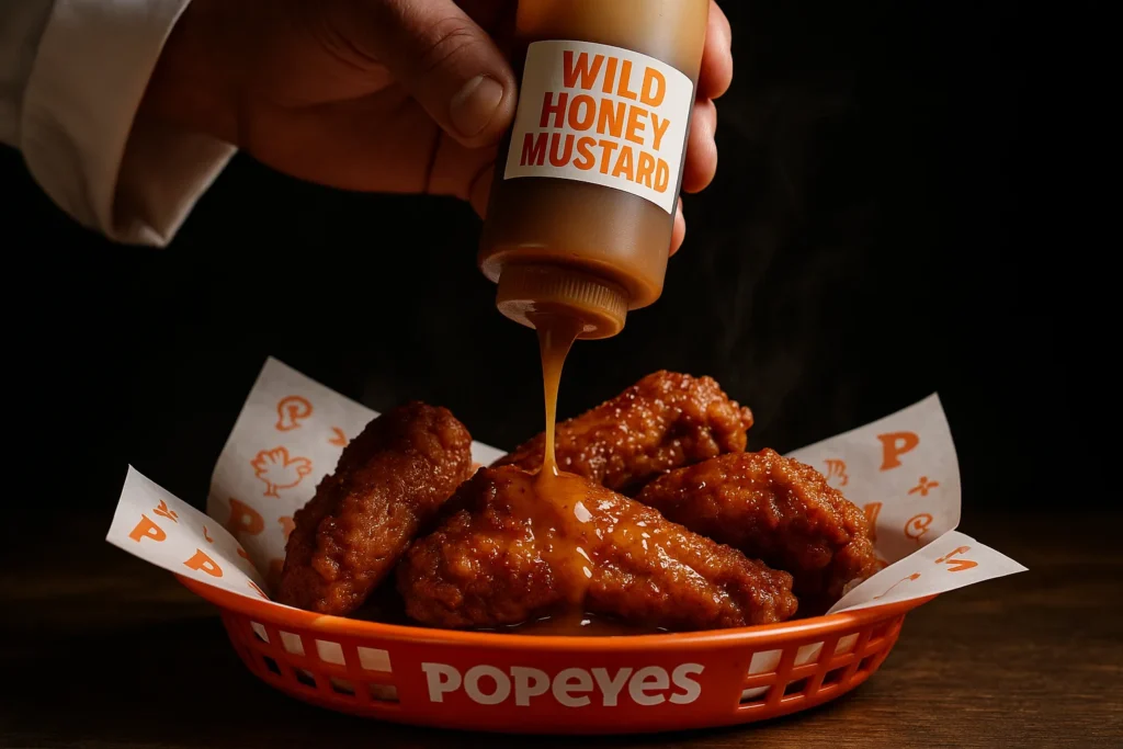 Wild Honey Mustard glaze being drizzled on Popeyes chicken wings.