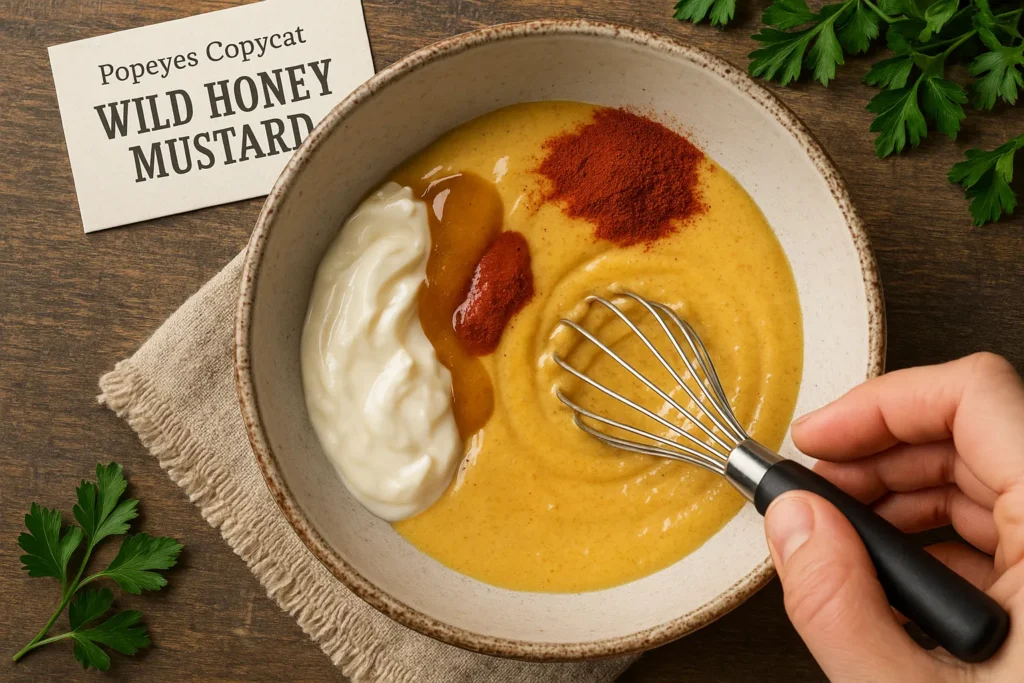 Homemade Popeyes-style Wild Honey Mustard sauce being whisked.