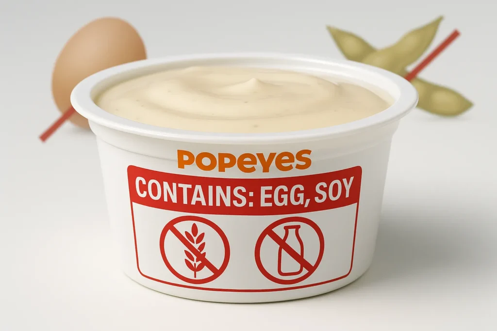 Allergen warning for Popeyes Wild Honey Mustard (egg, soy).