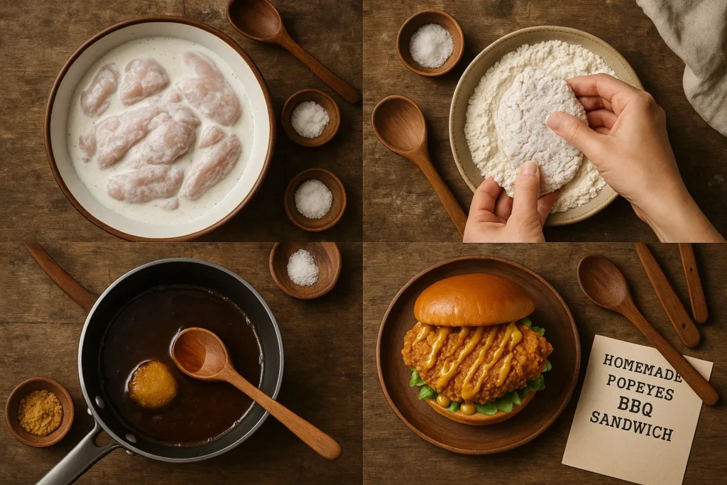 How to make Popeyes Golden BBQ Sandwich at home: marinade, breading, sauce, assembly.