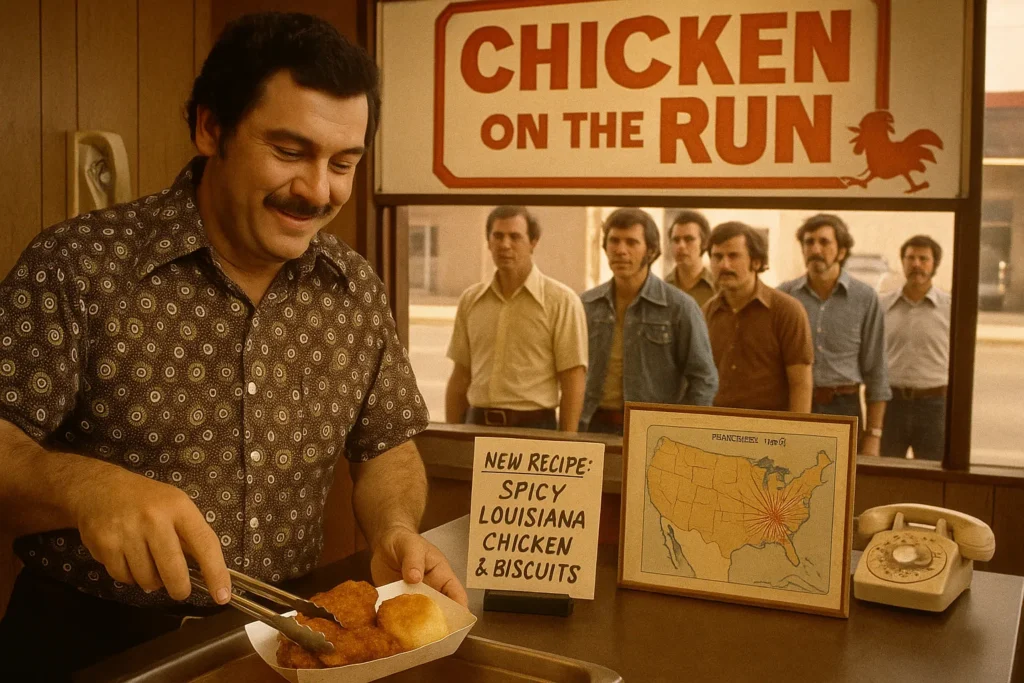 Al Copeland serving spicy chicken at the first Popeyes (Arabi, LA, 1972) with early U.S./Canada franchise map.