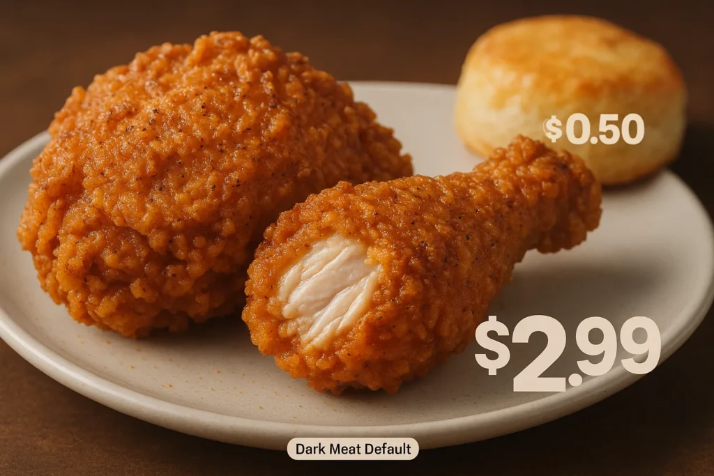 Close-up of Popeyes Tuesday 2-piece chicken special with pricing