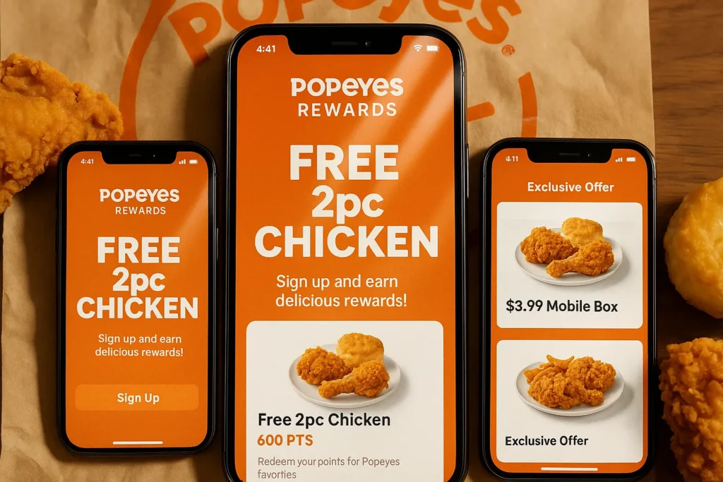Popeyes Rewards app interface showing free chicken and exclusive deals